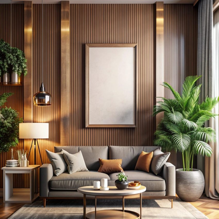 Mockup poster frame on the wall of living room. Luxurious apartment background with contemporary design. Modern interior design. 3D render, 3D illustration.